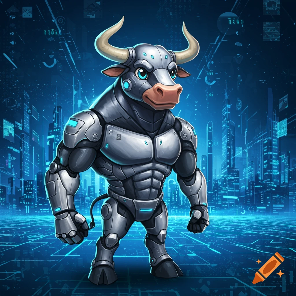 A robotic bull mascot with a friendly face stands in a glowing blue futuristic city.