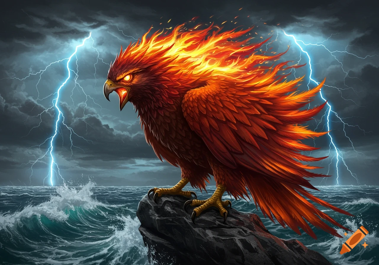 A vibrant, fiery phoenix-like bird with glowing eyes stands on a dark rock amidst a stormy sea with crashing waves and bright lightning.