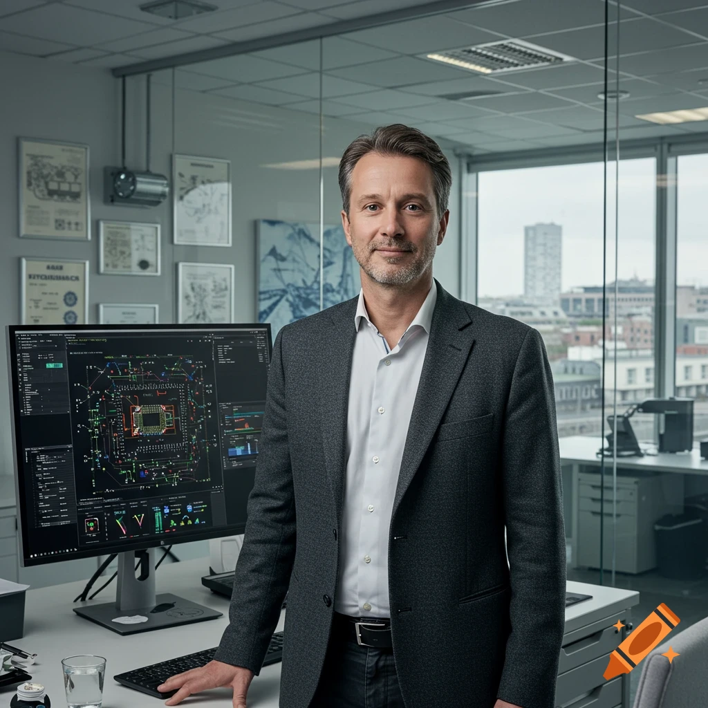 A professional man in a suit stands in an office with a monitor displaying semiconductor designs.