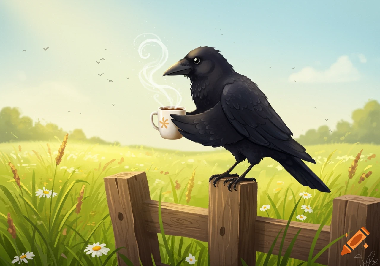 A stylized illustration of a black crow perched on a wooden fence post in a sunny field, holding a steaming mug of coffee.