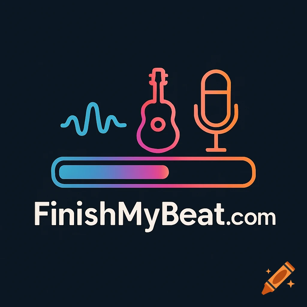 A modern logo for FinishMyBeat.com featuring a sound wave, guitar, microphone, and a progress bar with a gradient from blue to orange on a dark background.