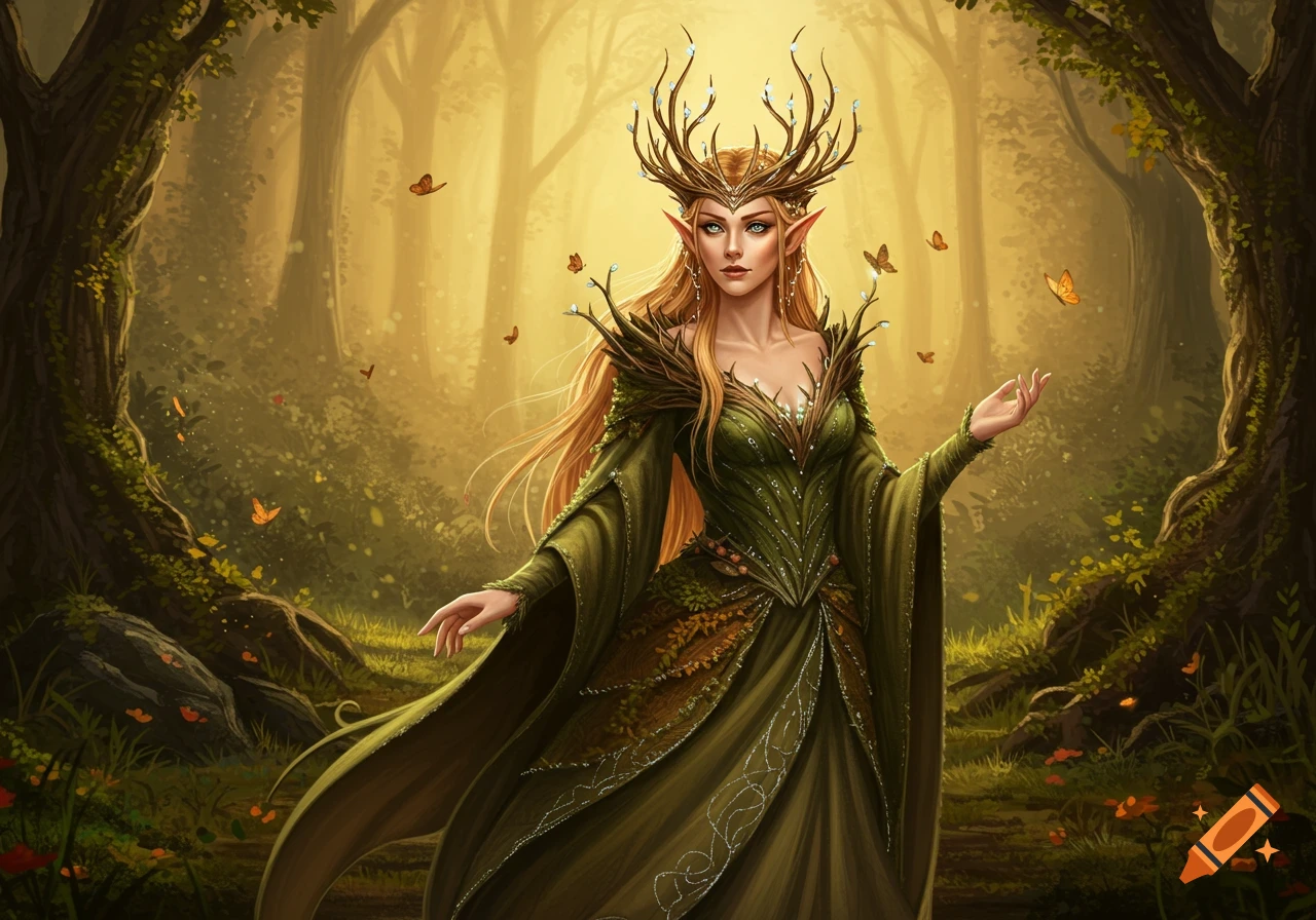 An elf queen with long blonde hair and a horned crown, wearing a green, earthy-toned dress, stands in a mystical forest with butterflies.