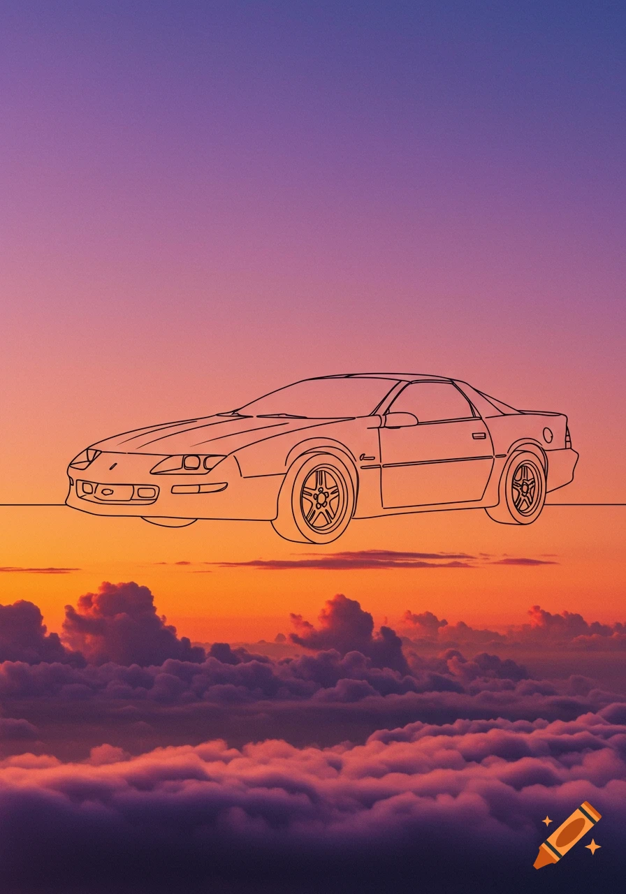 Line art of a Chevrolet Camaro floating over purple and orange clouds at sunset.