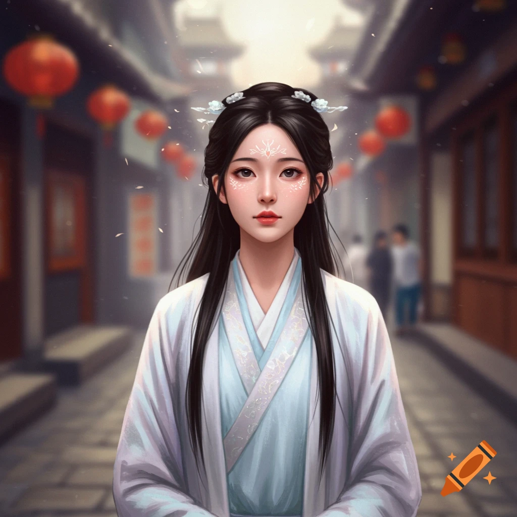 A portrait of a young woman with long black hair and white makeup in traditional Chinese attire, standing in a street with lanterns.