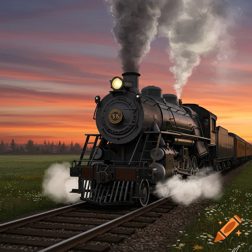 A dark steam locomotive and passenger cars travel on tracks through a green field under a vibrant orange and pink sunset sky.