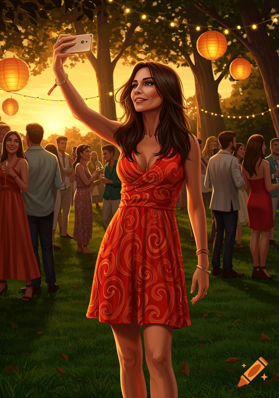 A slim brunette woman in a red patterned dress takes a selfie at an outdoor party with other guests and string lights in the trees.