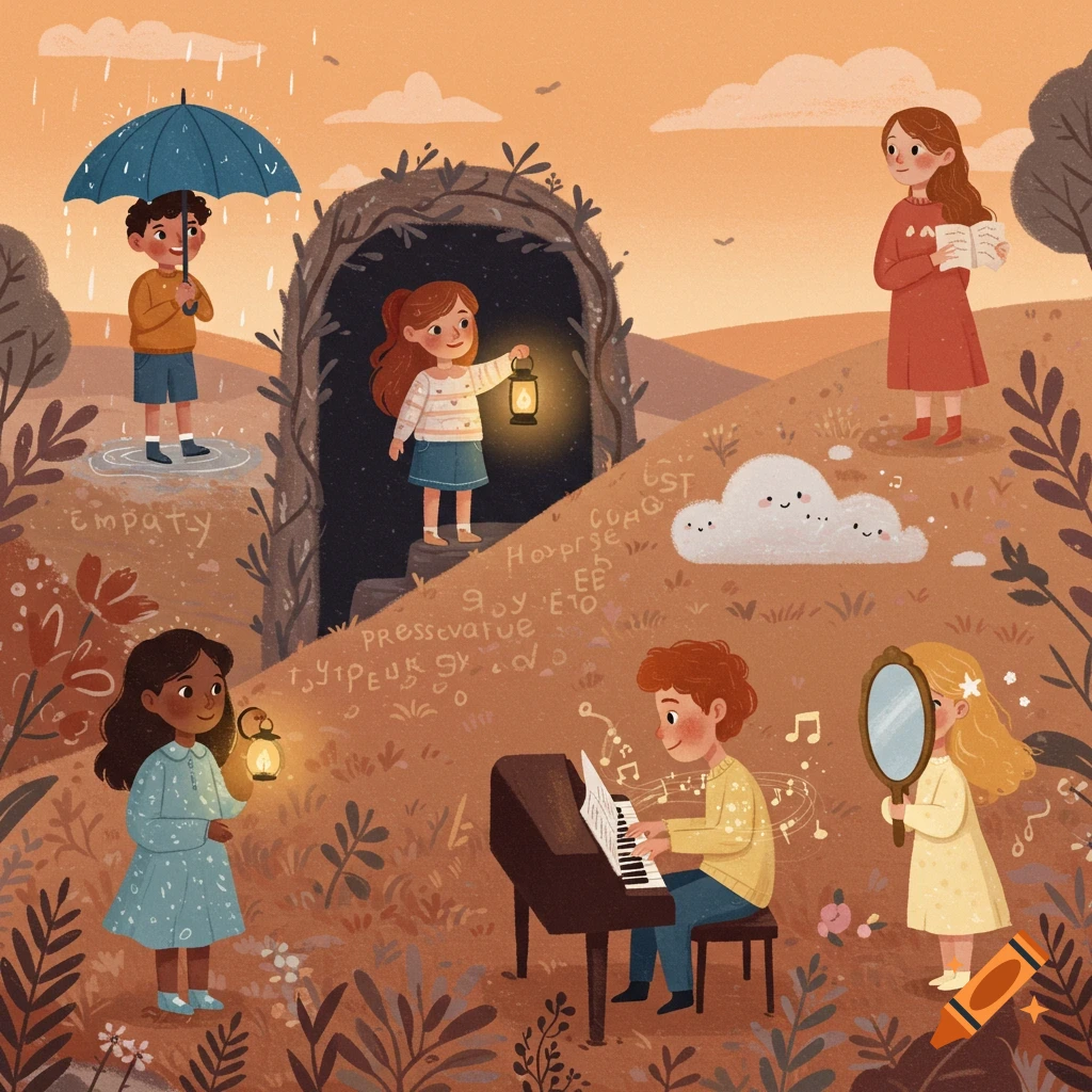 An whimsical illustration of children in a warm, soft landscape, each representing a value: a boy with an umbrella in rain, a girl with a lantern, a girl reading, a boy playing piano, a girl with a mirror, and a cloud creature.