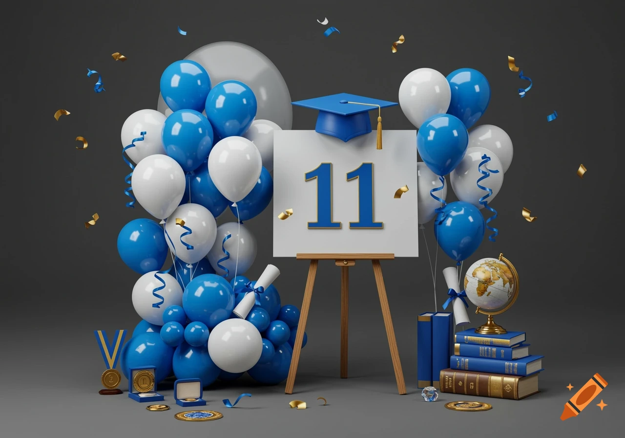 A festive graduation display featuring blue and white balloons, a graduation cap, diplomas, books, a globe, medals, and the number 11 on an easel.