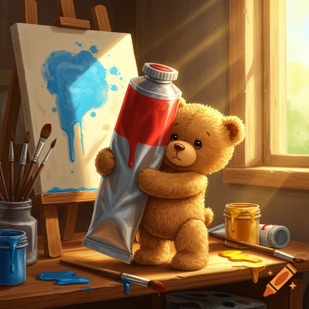 A cute teddy bear holds a large paint tube in a sunny artist's studio with an easel and paints.