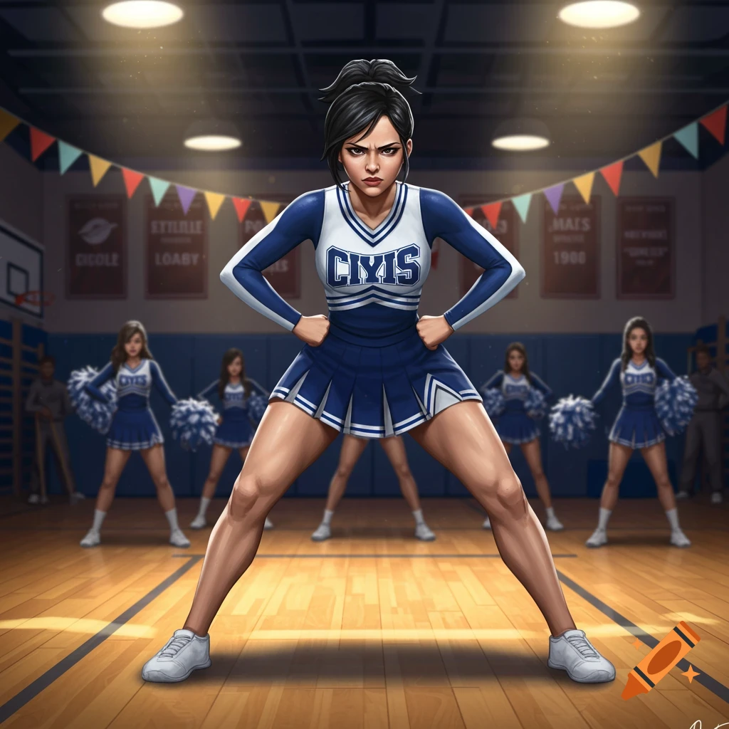 A determined cheerleader in a blue and white uniform stands in a gym with other cheerleaders in the background, in an art style.