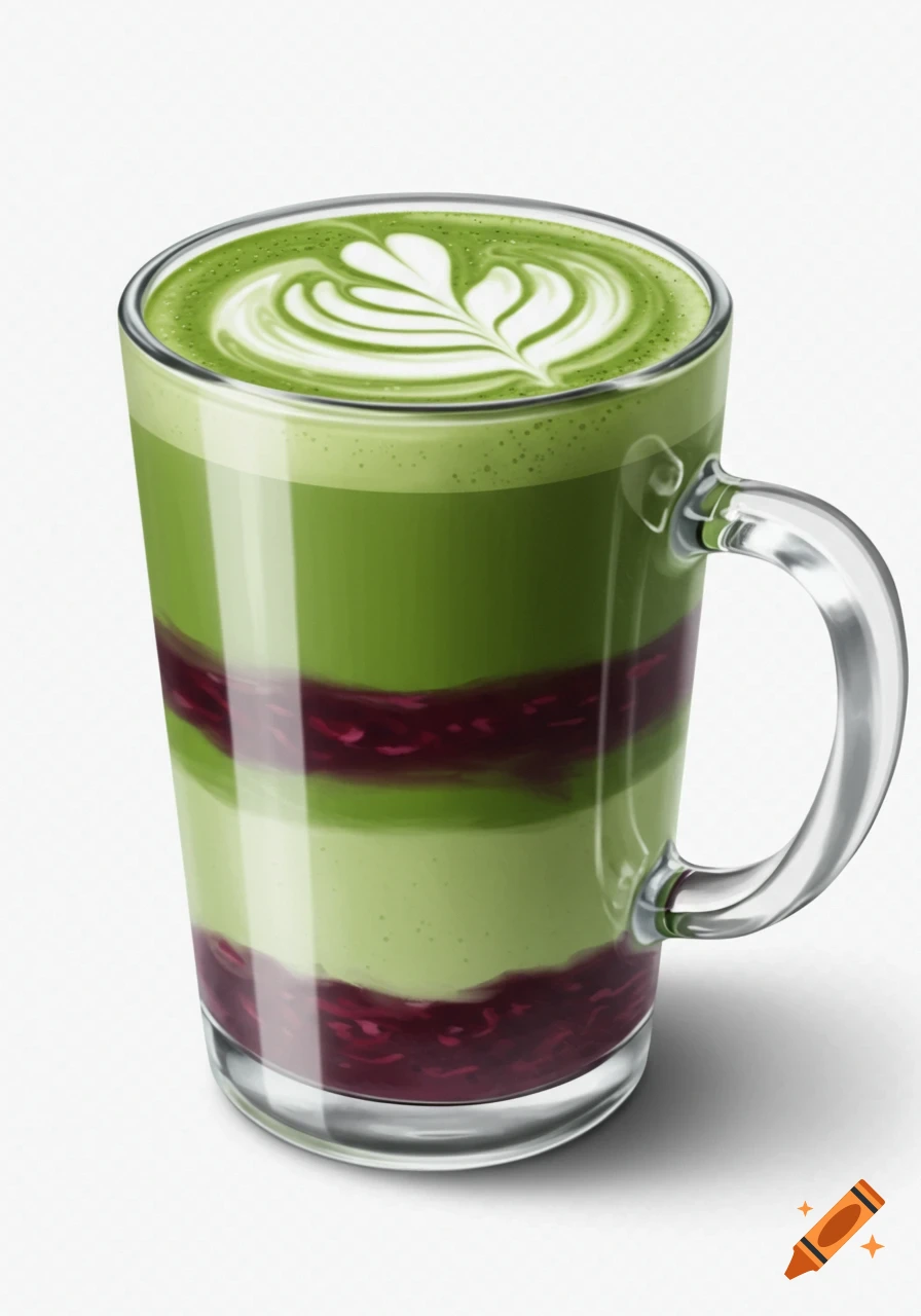A photorealistic layered matcha blueberry latte in a clear glass mug with a handle.