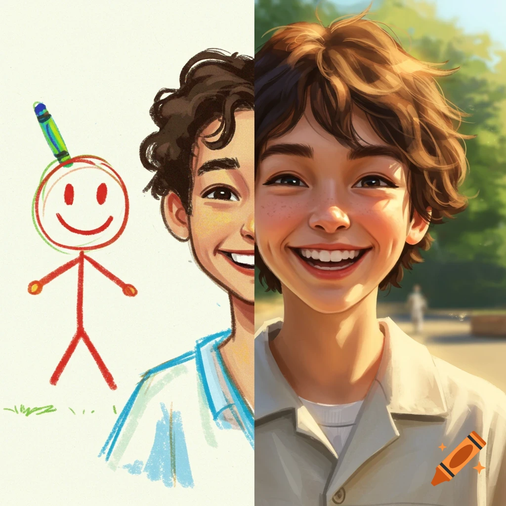 Split image showing a stick figure drawing with a crayon on the left and a smiling boy's realistic portrait on the right.