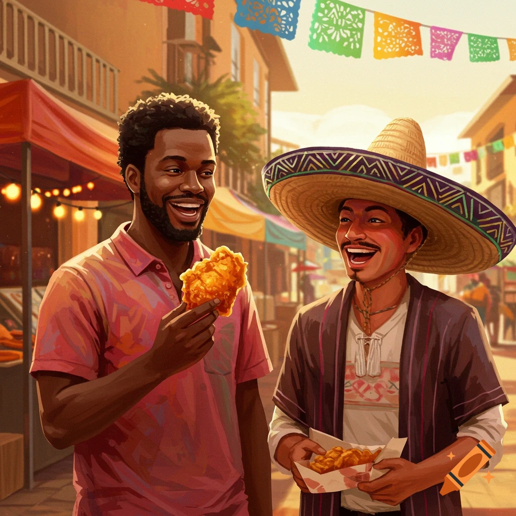 Two men, one Black and one wearing a sombrero, happily holding fried chicken in a vibrant outdoor market decorated with papel picado.