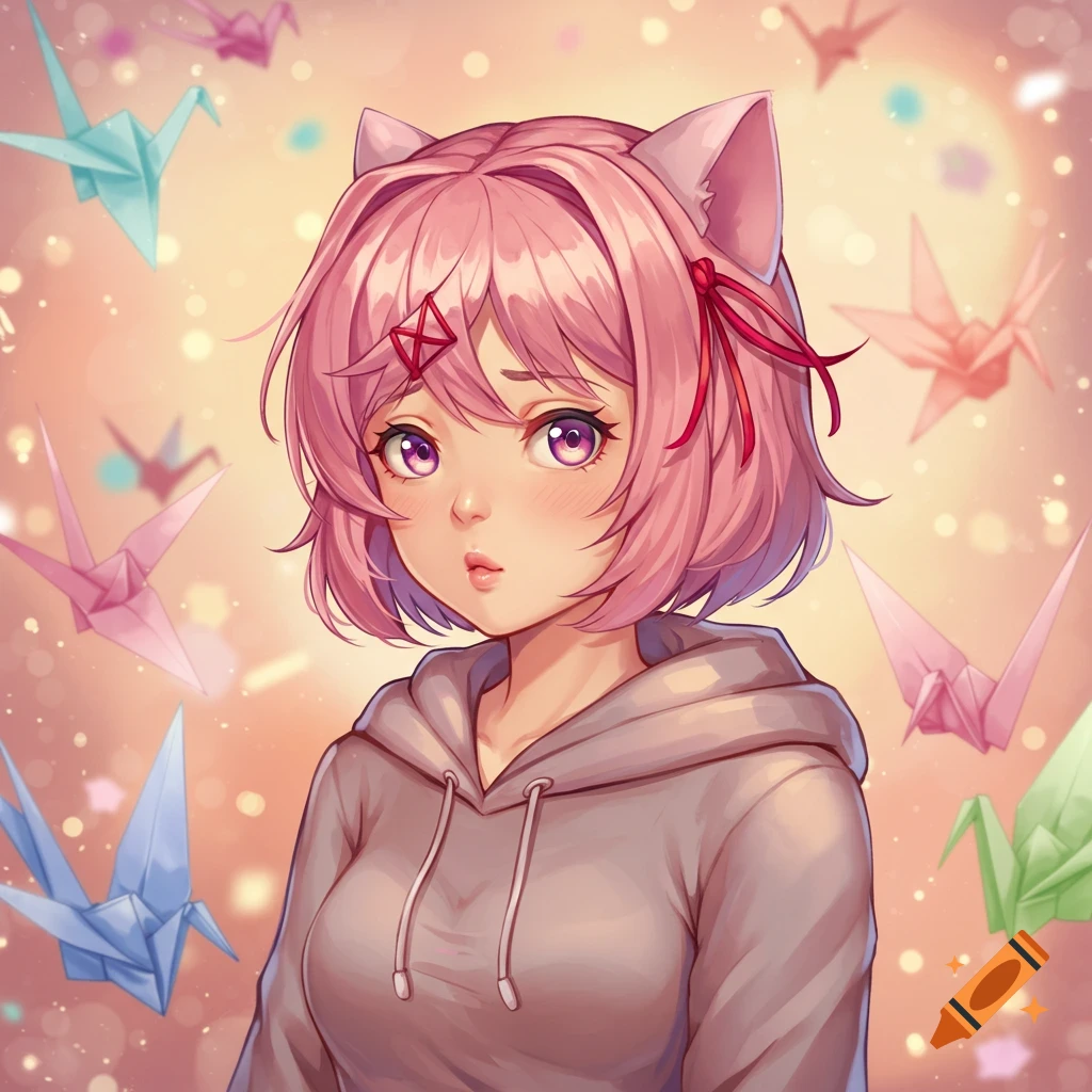 Anime girl with pink hair and cat ears, wearing a grey hoodie, surrounded by colorful origami cranes in a soft, dreamy background.