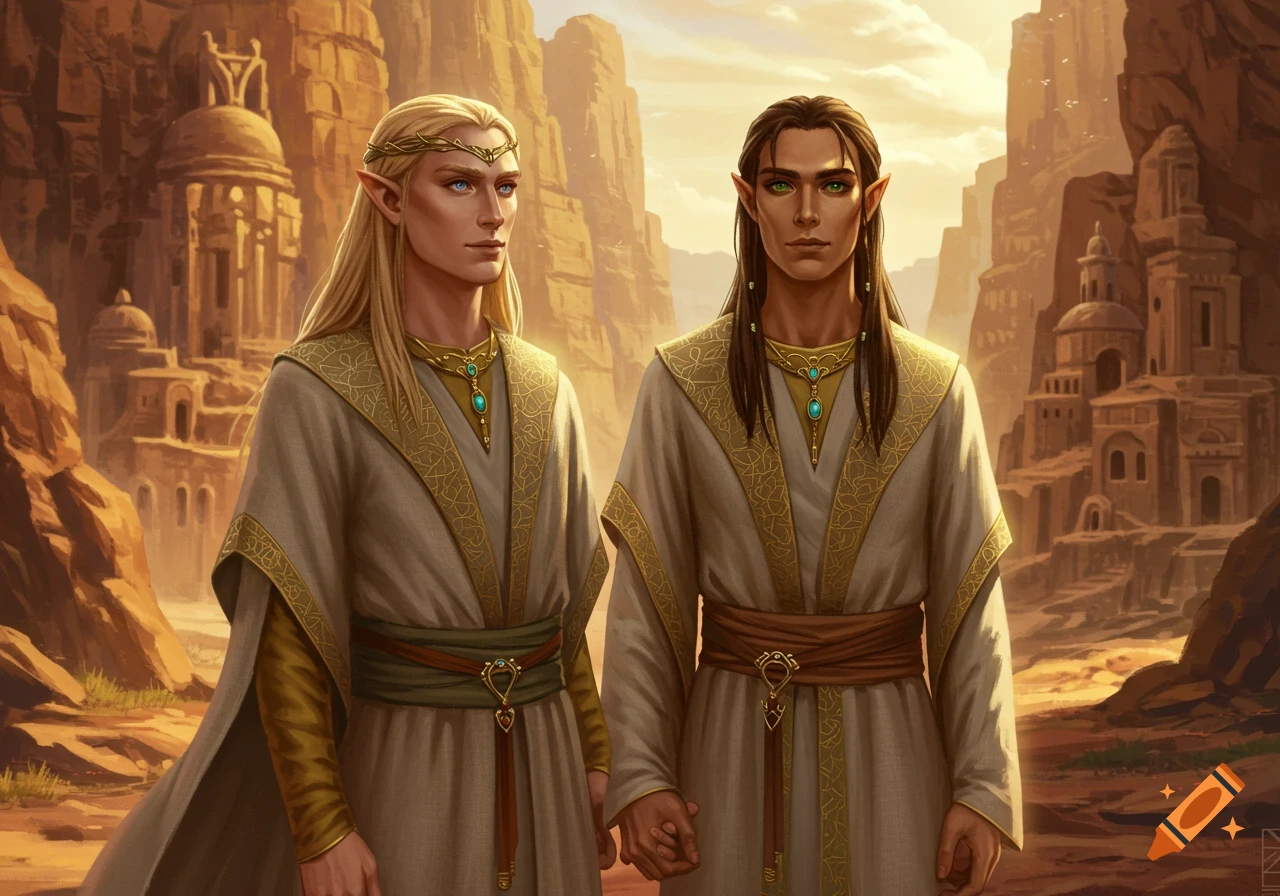 Two elves, one blonde with blue eyes and one brunette with green eyes, stand in ancient robes in a desert mesa with city ruins.