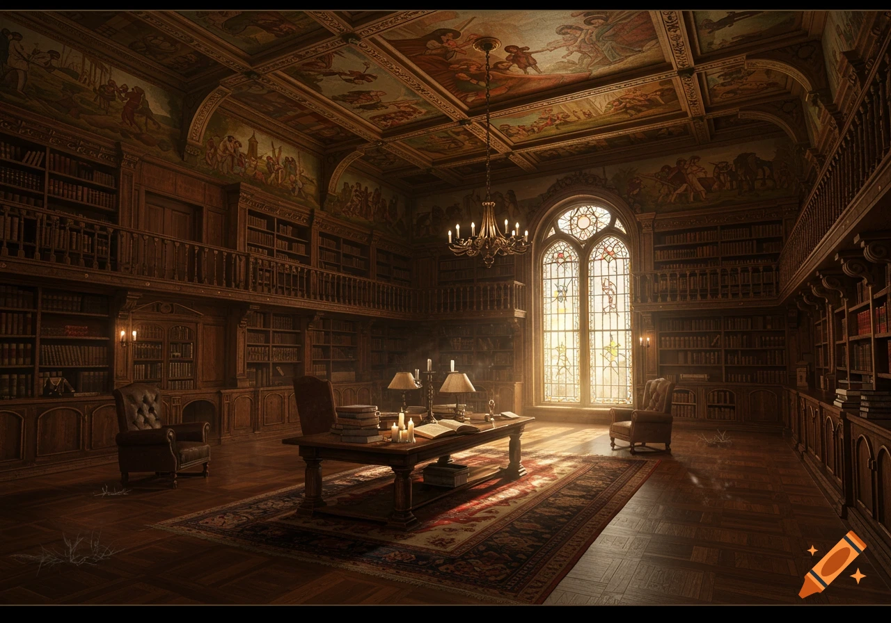 An ornate grand library with high wooden bookshelves, a vaulted ceiling with murals, and a large stained glass window bathing a central table in light.