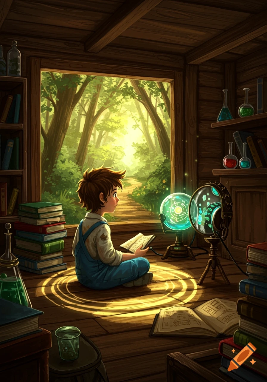 A boy reads a book by glowing science gadgets in a cozy forest cabin, looking out at a sunlit forest path.