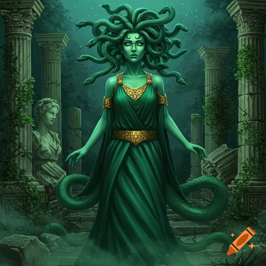 A beautiful Medusa with green skin and snakes for hair stands in ancient ruins with pillars and a statue.