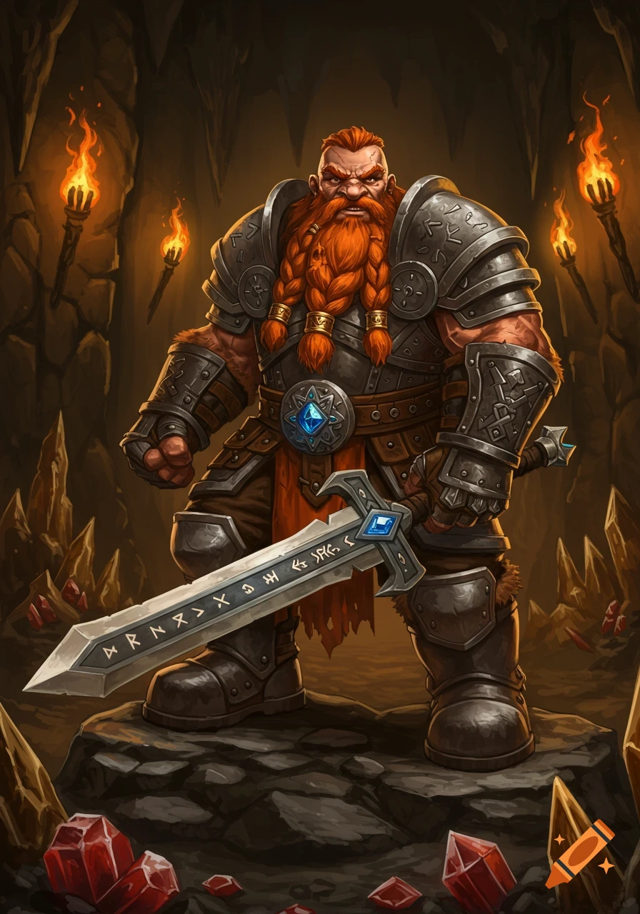 A stylized illustration of a muscular dwarf warrior with a long red braided beard, standing in a torch-lit cave holding a large sword with runes.