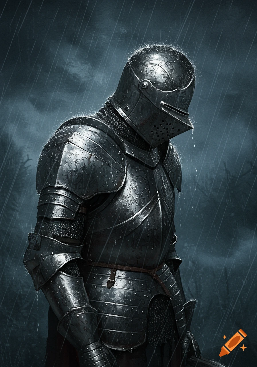 A medieval knight in dark, ornate armor stands solemnly in the rain, looking down.