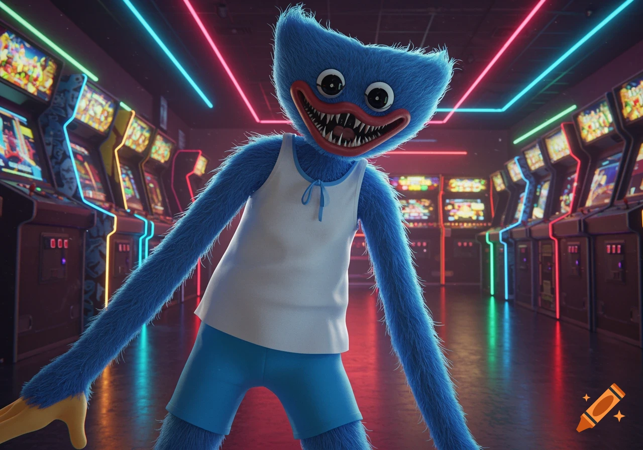 A blue furry monster with sharp teeth and wide eyes, wearing a white tank top and blue shorts, stands in a neon-lit arcade.