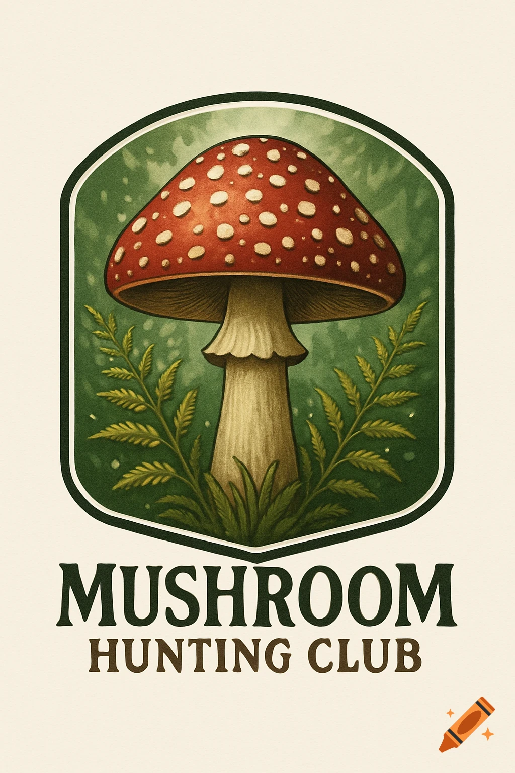 A vintage-style logo featuring a red toadstool mushroom with white spots inside a green shield, above text 'MUSHROOM HUNTING CLUB'.