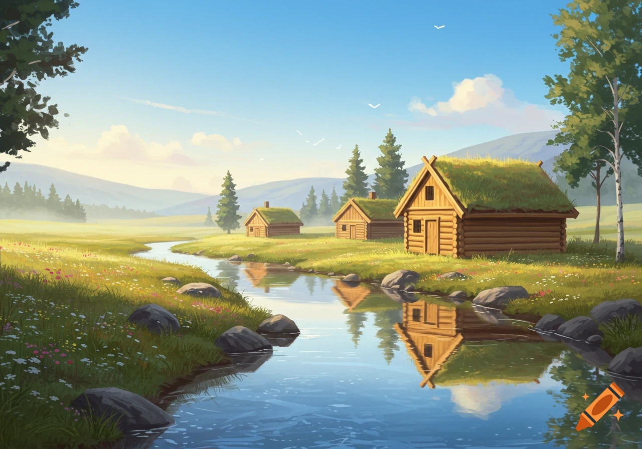 Scandinavian-style wooden cabins with grass roofs beside a winding river in a lush green valley under a clear blue sky.