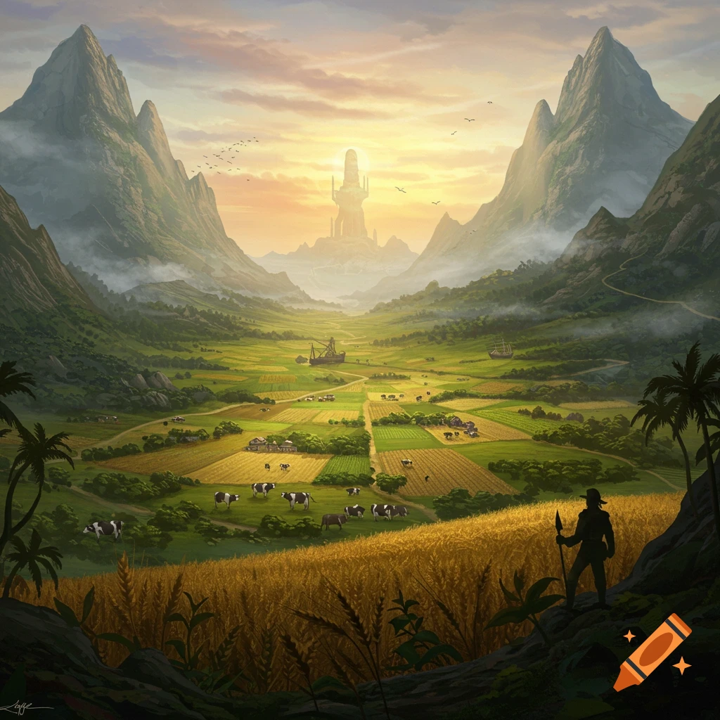 Fantasy landscape: vast green valley with farms, cows, and a tower between mountains at sunset. A figure stands in foreground.