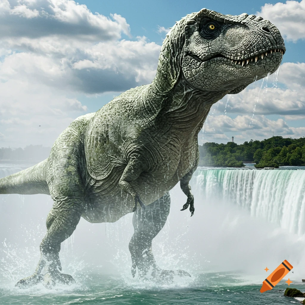 A large, photorealistic T-Rex dinosaur emerges from the rushing waters of Niagara Falls under a blue sky.