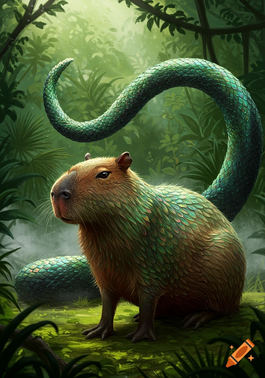 A fantastical capybara with green snake scales and a long serpentine tail sits in a lush jungle environment, looking left.