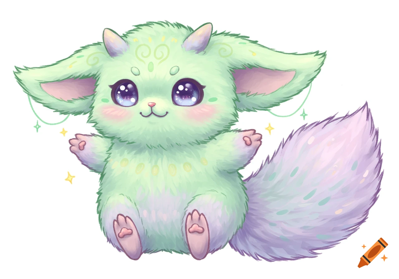A cute, fluffy, light green creature with a purple tail, big sparkly purple eyes, small horns, and pink cheeks, sitting and smiling. Cartoon illustration style.