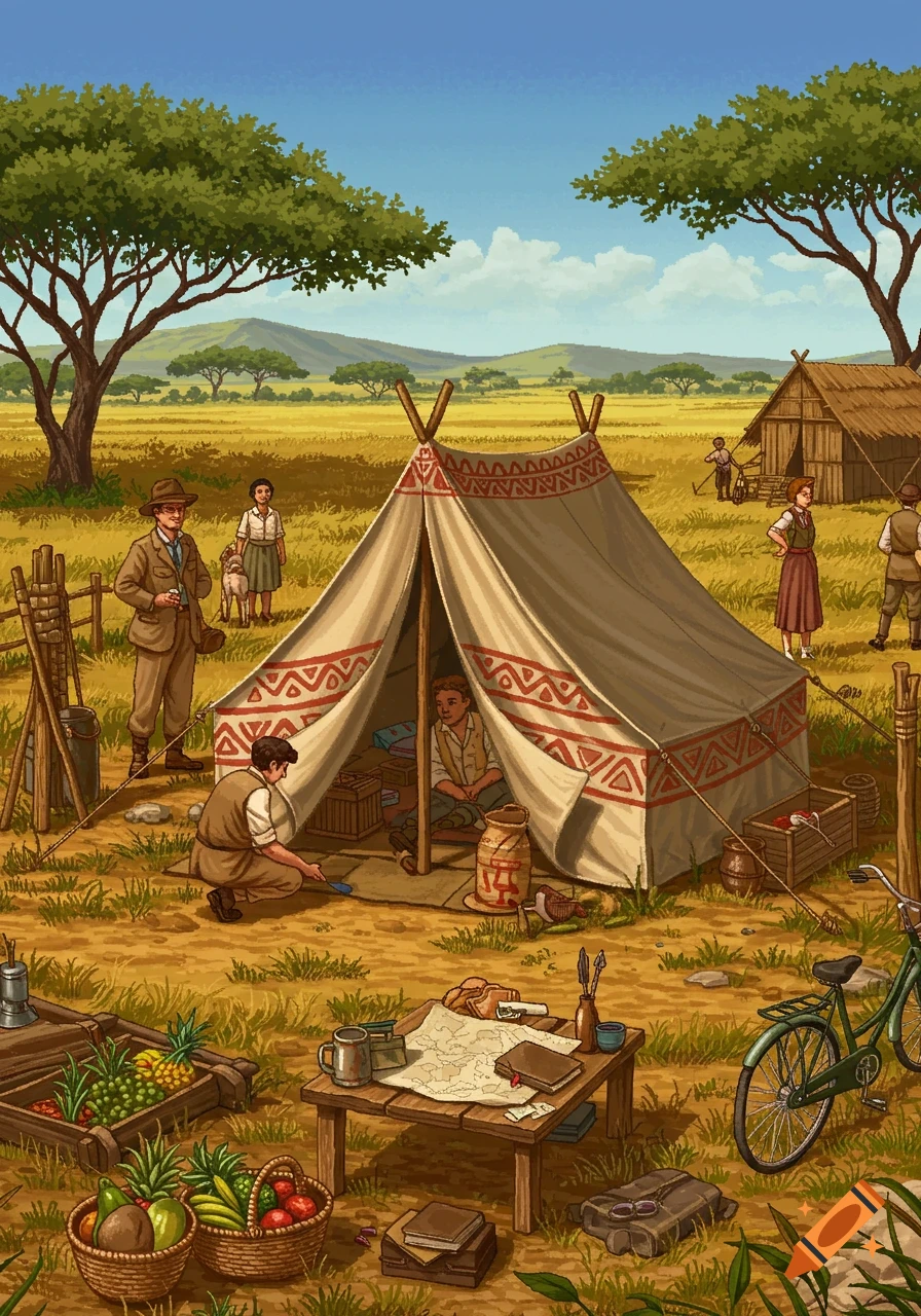 A 1940s missionary camp in Kenya, depicted in the art style of a 1990s point-and-click adventure game. Features people, tents, and a bicycle.