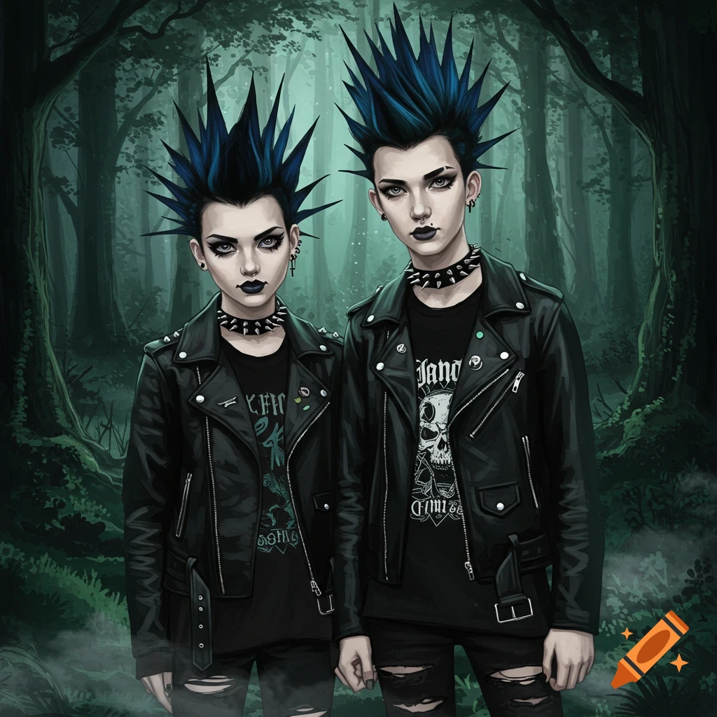 Two punk-goth teenagers with blue spiked hair and black leather jackets stand in a dark forest, digital painting style.