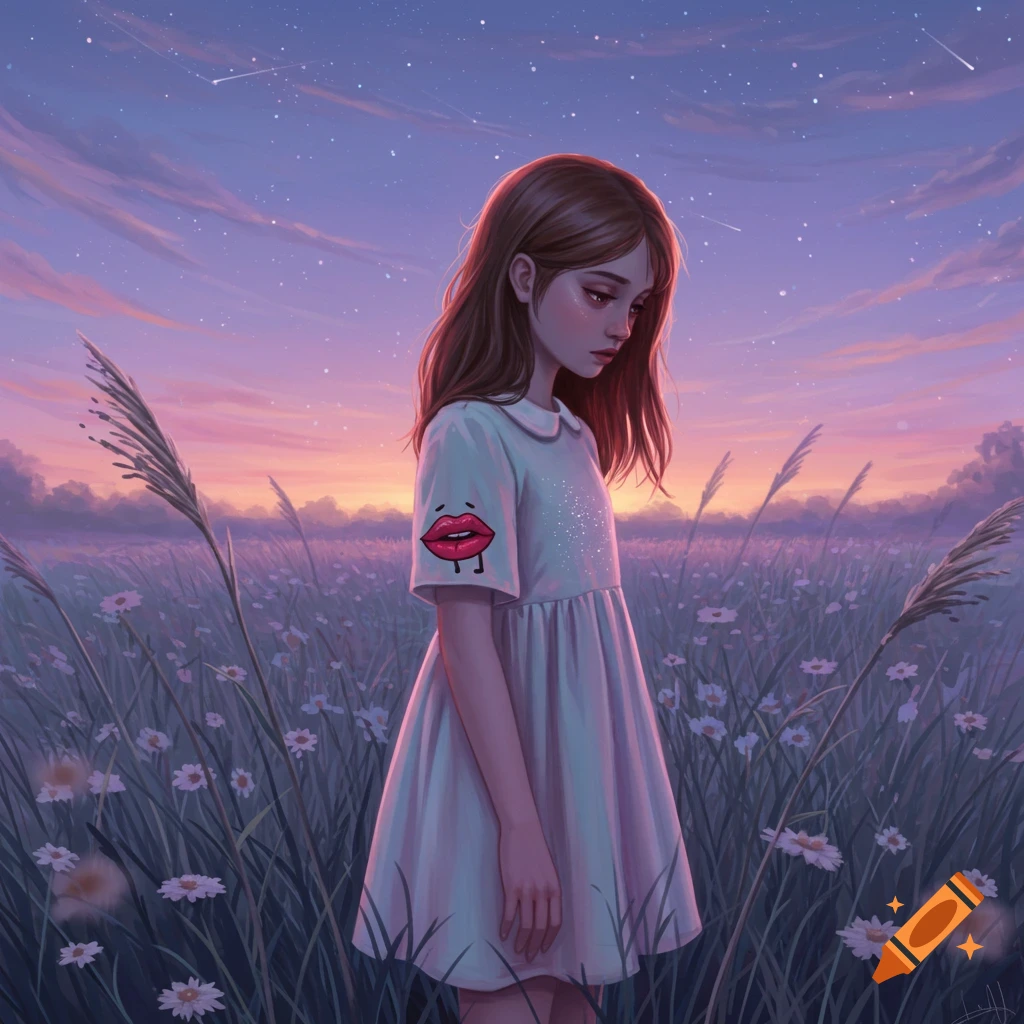 A sad girl with long brown hair in a white dress featuring a cartoon lip graphic stands in a field of wildflowers under a starry purple and orange twilight sky.