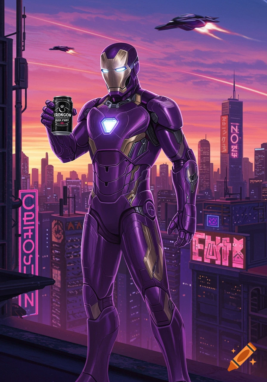Purple Iron Man holds a can of dark cider against a cyberpunk city skyline at sunset with flying vehicles.