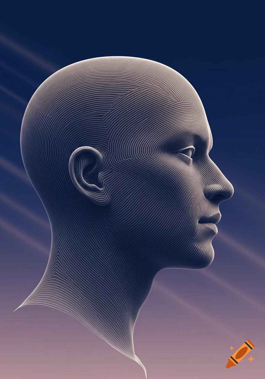 Stylized profile of a bald head made of parallel lines, against a blue and purple gradient background.