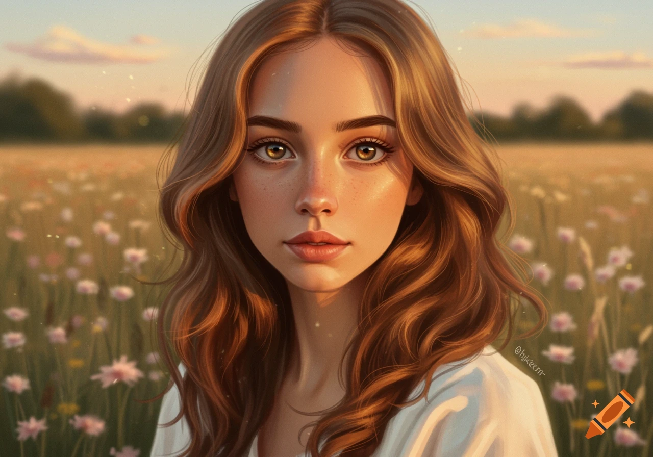 Close-up portrait of a young woman with wavy brown hair and light eyes in a sunlit field of flowers.
