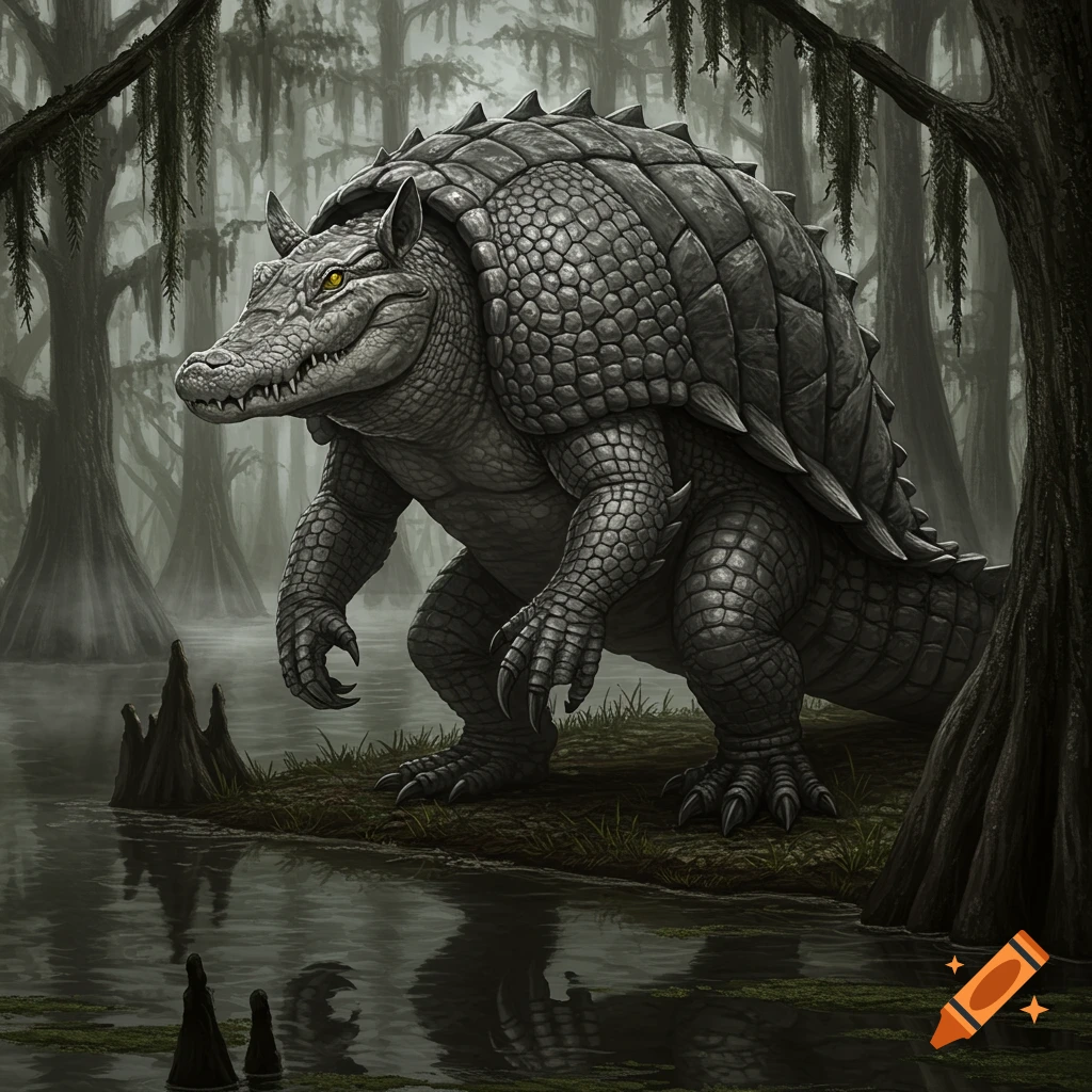 A large grey alligator-like monster with an armadillo shell stands in a misty swamp landscape.