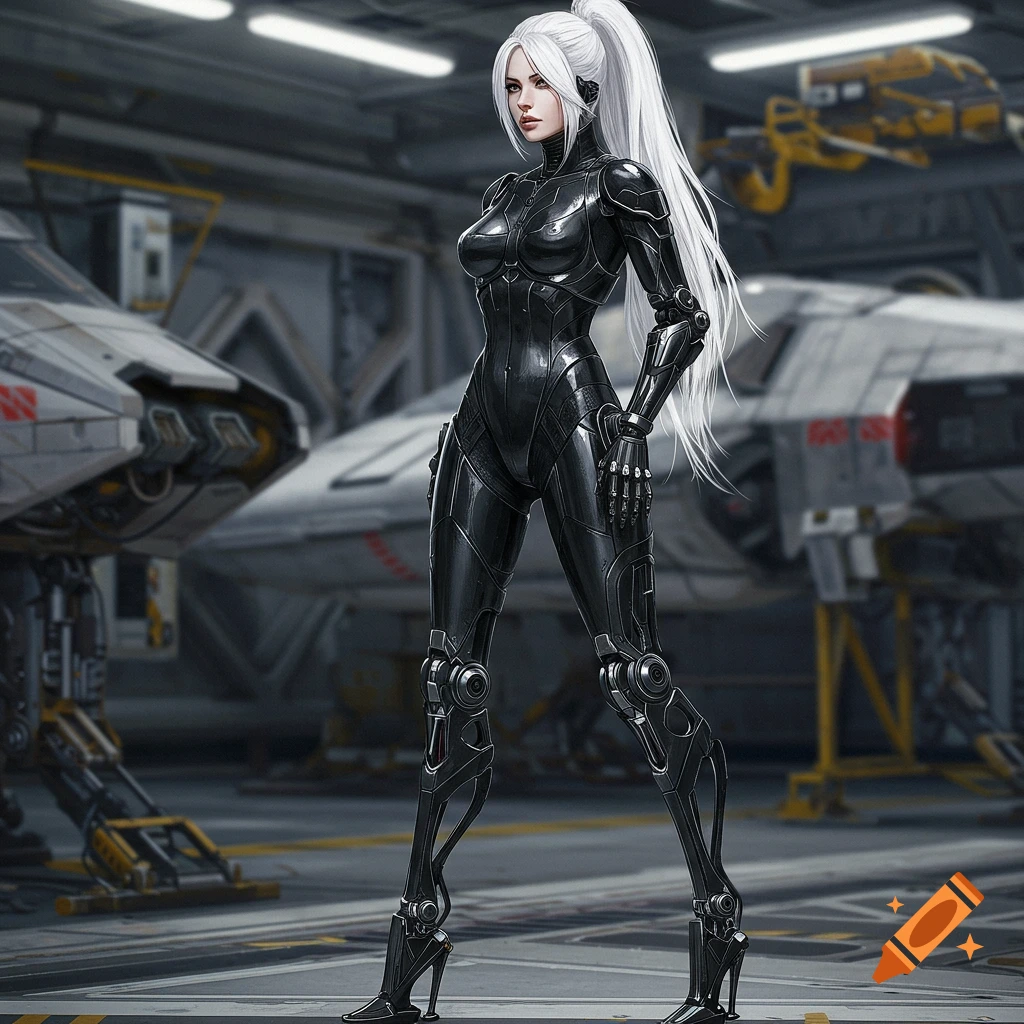 A female space bounty hunter in a black form-fitting suit with robotic legs and a white ponytail stands in a sci-fi hangar.
