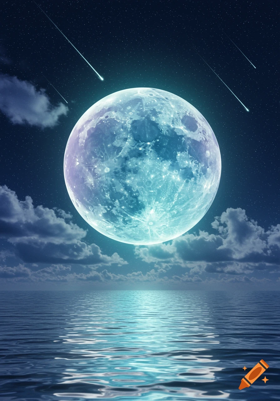 A large, glowing turquoise and purple moon dominates the night sky over calm water, with shooting stars visible above.