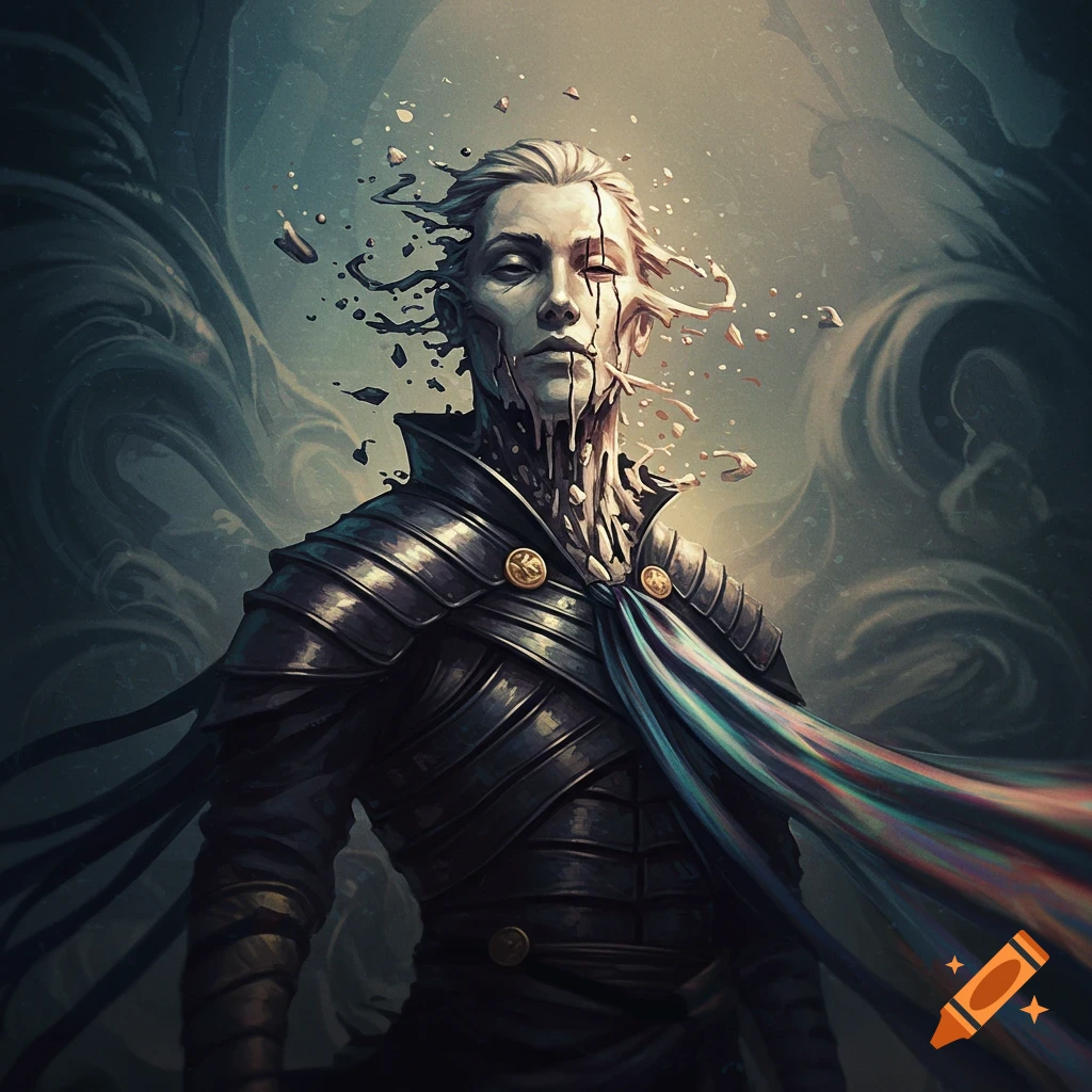 A fantasy figure with melting facial features, wearing dark armor and a flowing cape, in a stylized, dark art style.
