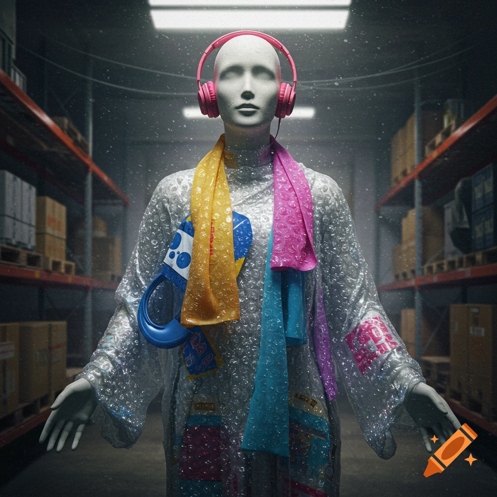 A faceless mannequin in a warehouse wears a bubble wrap coat, pink headphones, and draped scarves in yellow, pink, and blue, critiquing consumerism.