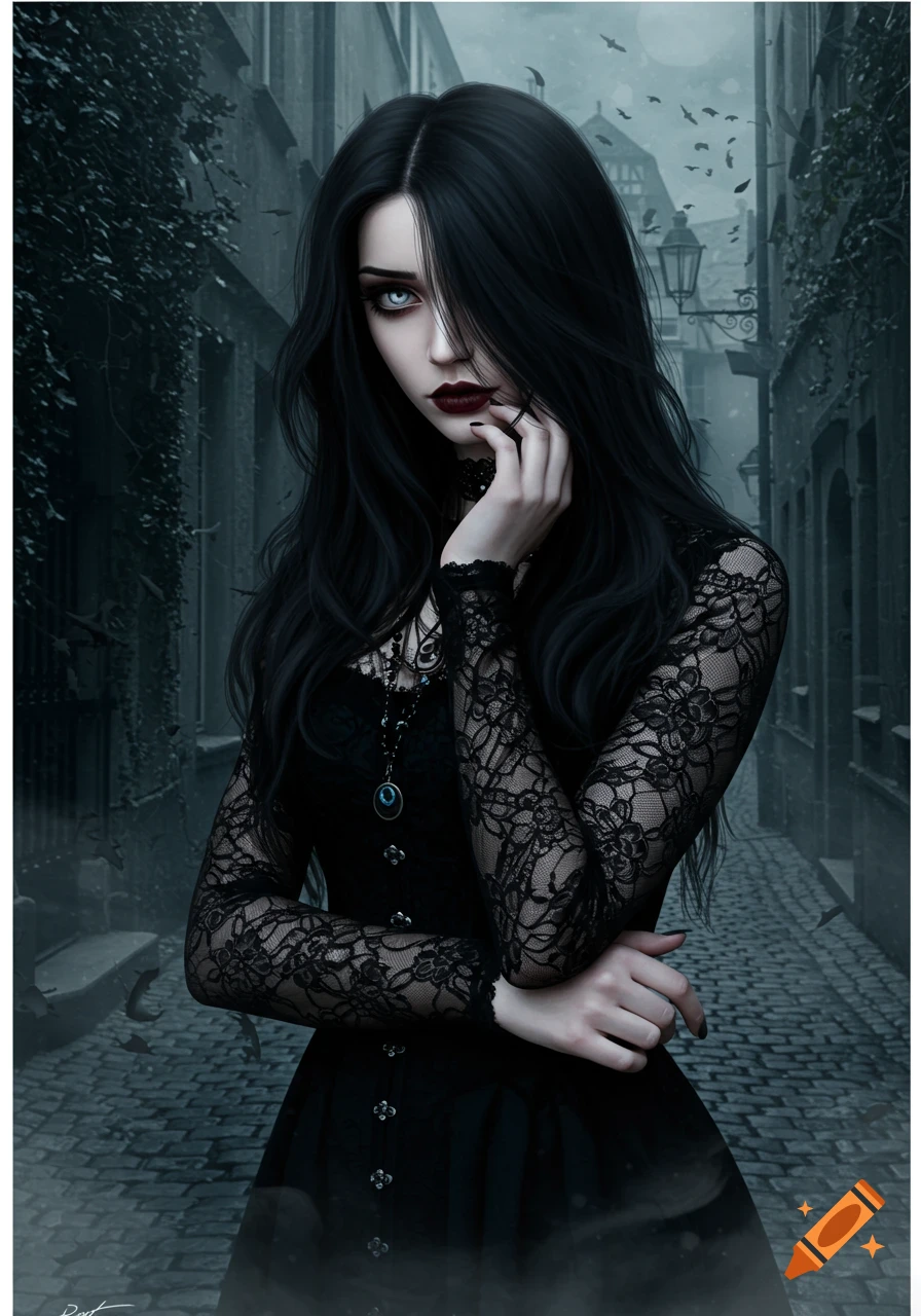 A gothic woman with long black hair and a lace dress stands in a dark alley with bats flying, digital art.