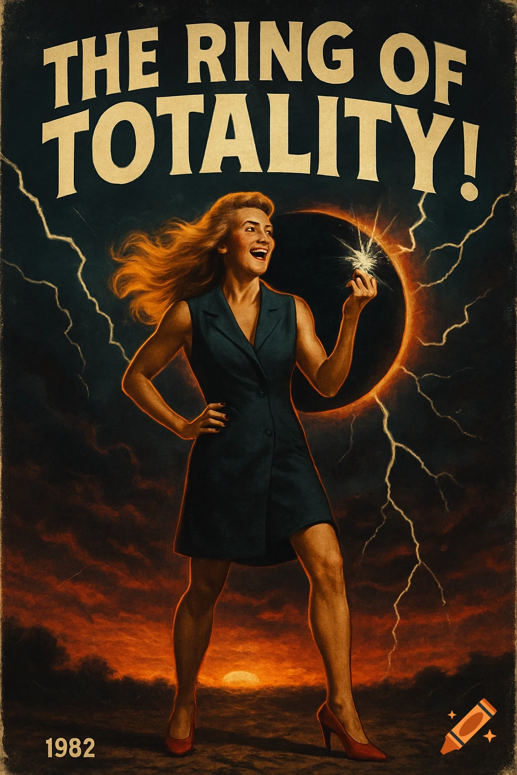 A retro horror movie poster for "THE RING OF TOTALITY!", featuring a golden-haired sorceress holding a glowing orb against a stormy sky with an eclipse and lightning, with the year 1982.