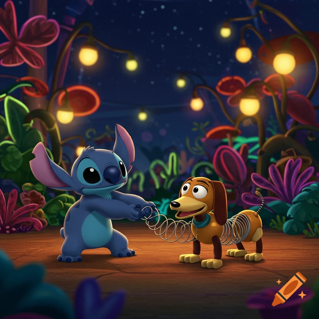 Stitch pulls Slinky Dog's spring in a whimsical, colorful night garden scene with glowing plants, in an animated style.