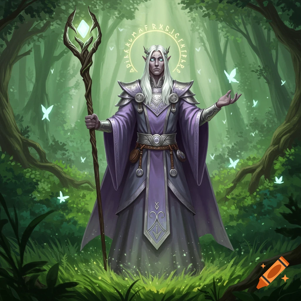 A white-haired elf cleric in purple robes holds a glowing staff in an enchanting forest with glowing butterflies.