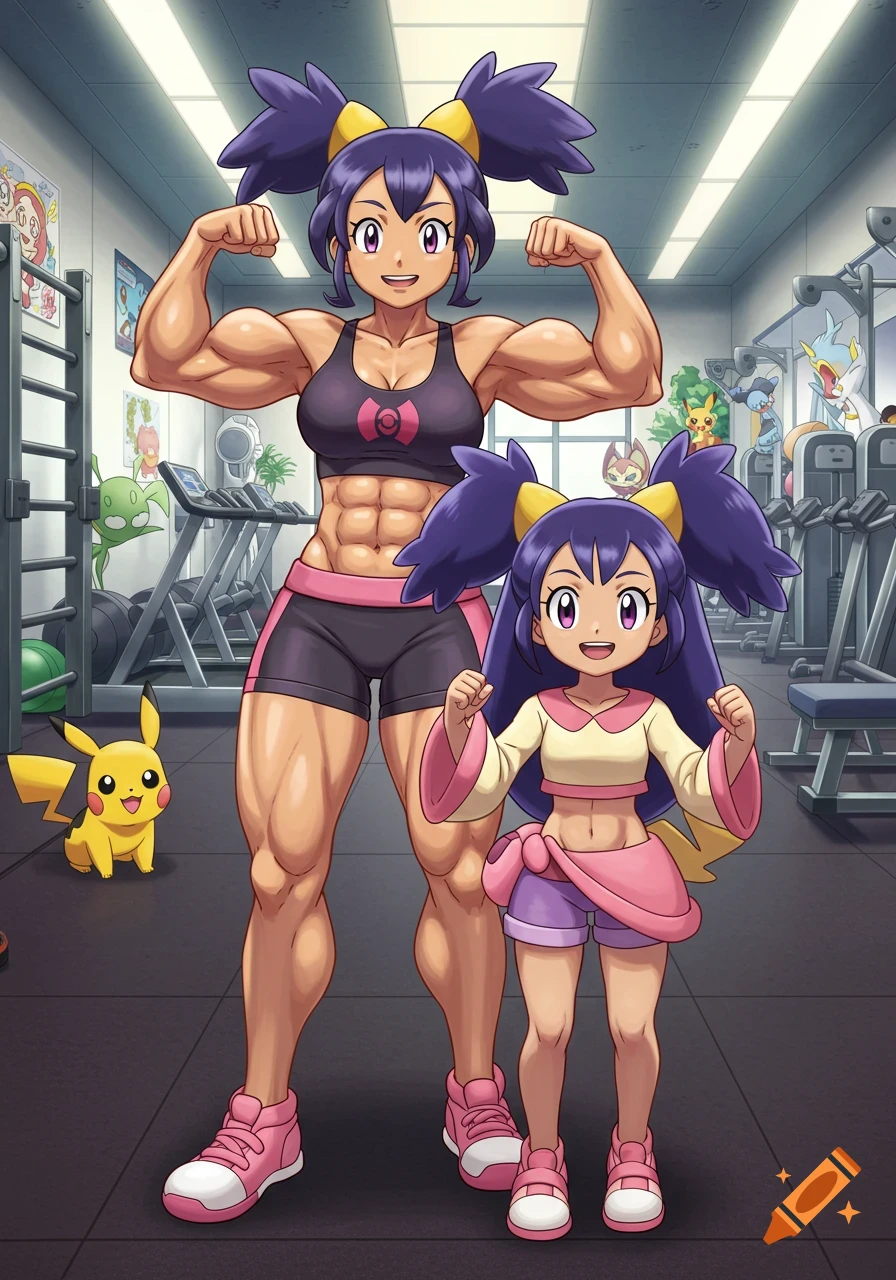 An anime woman with large muscles flexes in a gym next to a smaller anime girl. Several Pokémon characters are in the background.