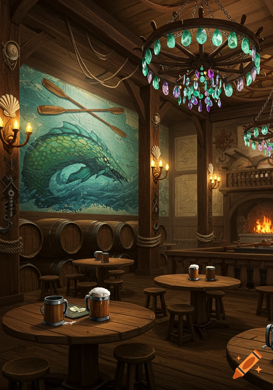 A richly detailed, medieval nautical-themed tavern interior with a large mural of a green sea monster, wooden beams, barrels, tables with beer mugs, and ornate chandeliers.