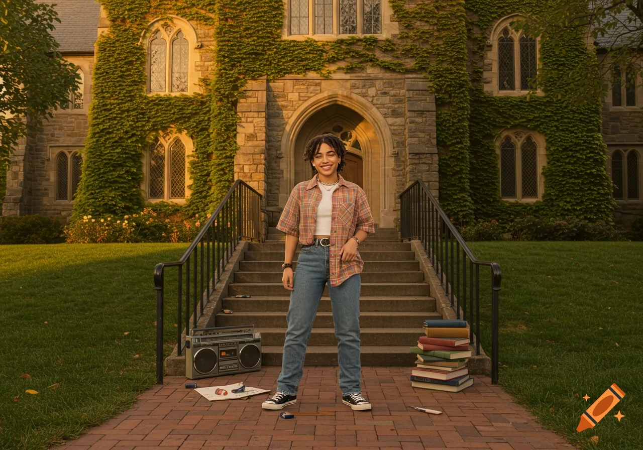 A smiling young person stands on a brick path in front of an ivy-covered stone college building, with a boombox and stack of books on the ground.