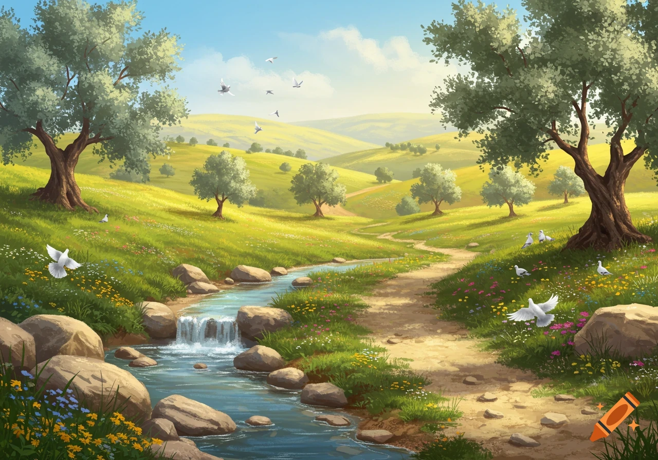 A vibrant illustration of a peaceful landscape with olive trees, a winding river, a dirt path, green hills, and white doves under a blue sky.